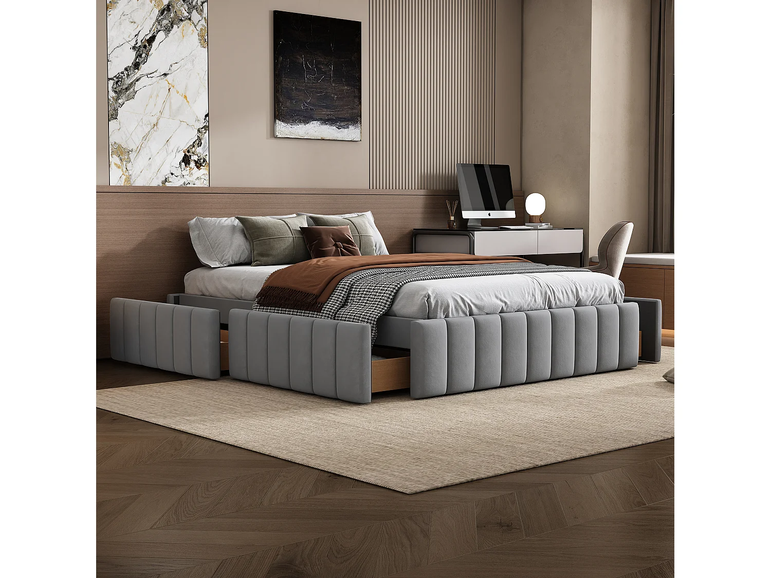 Polsterbett 140x200cm aus Samt ohne Kopfteil – mit Schubladen und Lattenrost – Grau