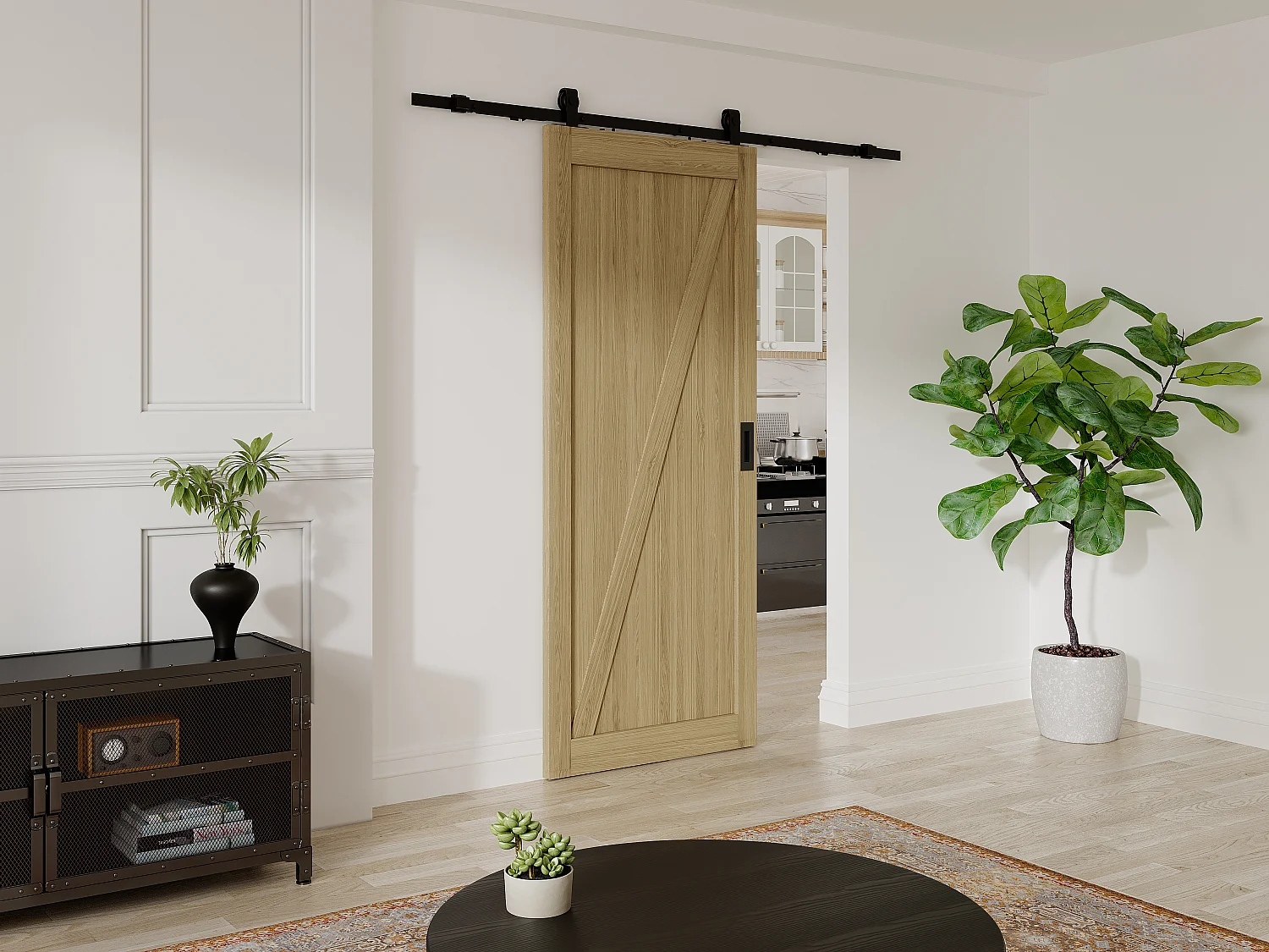 Porte coulissante avec système en applique en bois et MDF - Naturel clair - H205 x L63 cm - BALERMA