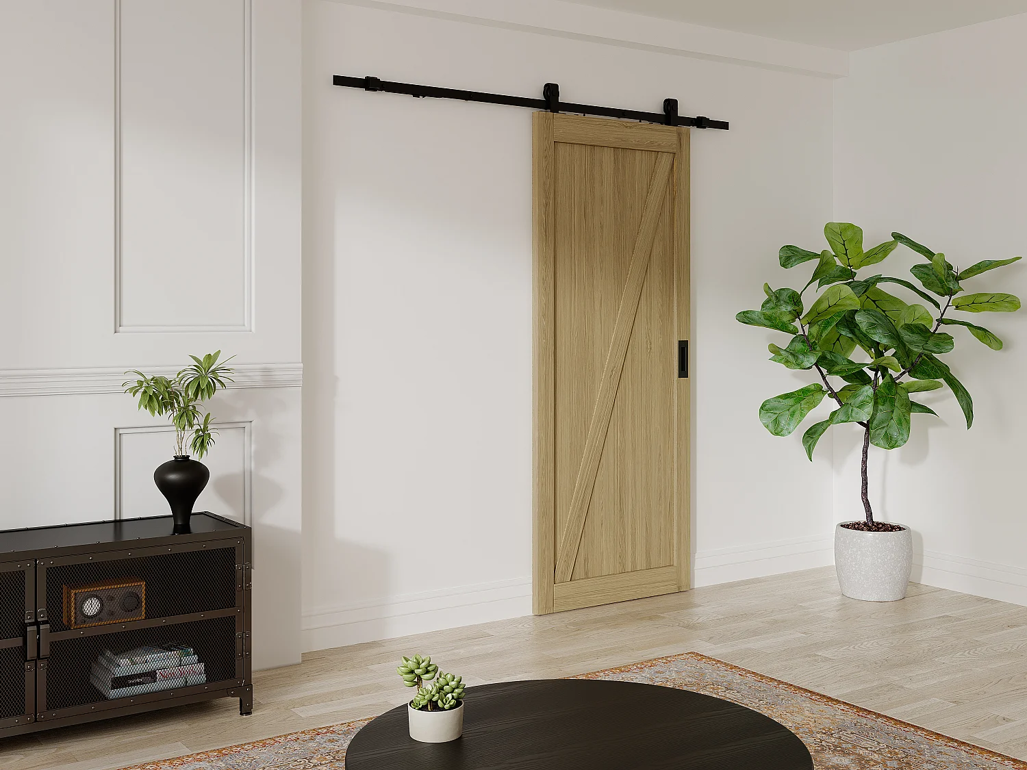 Porte coulissante avec système en applique en bois et MDF - Naturel clair - H205 x L83 cm - BALERMA