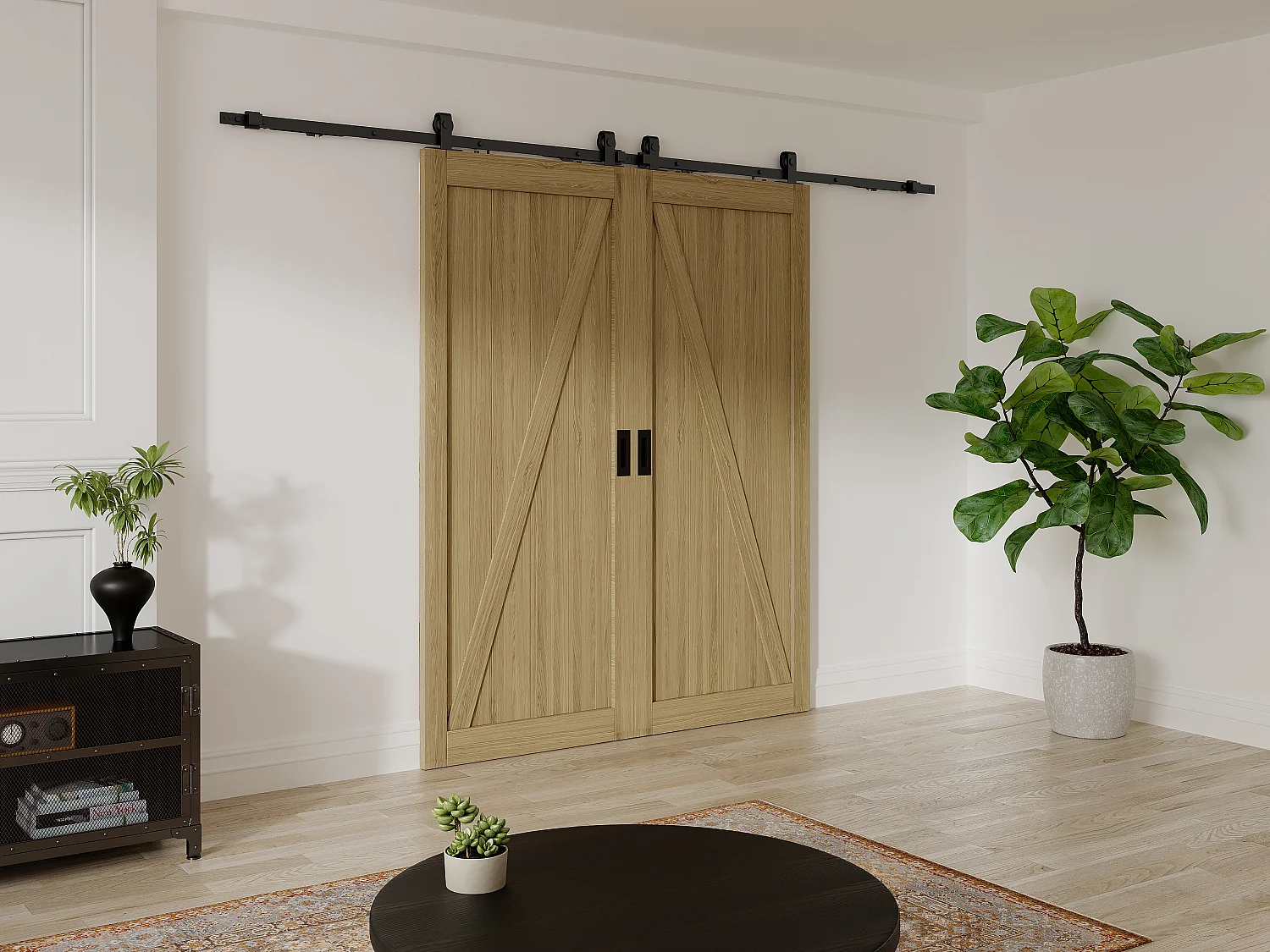 Porte coulissante double avec système en applique en bois et MDF - Naturel clair - 2 x H205 x L73 cm - BALERMA