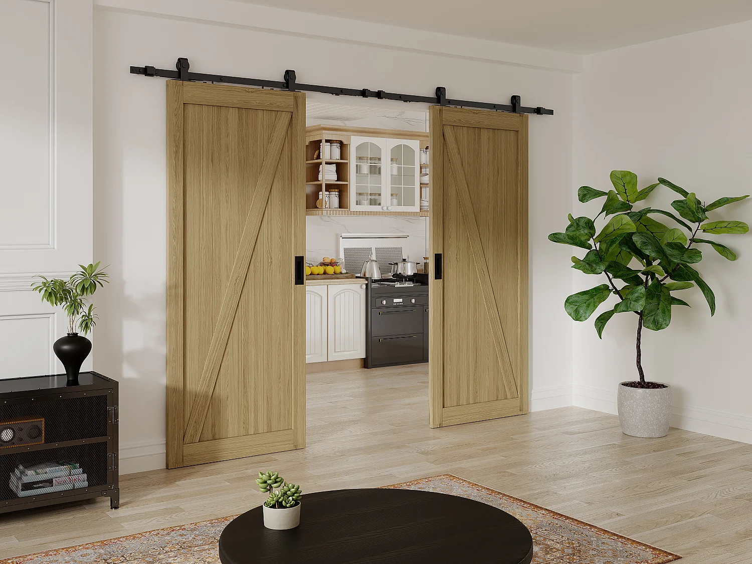 Porte coulissante double avec système en applique en bois et MDF - Naturel clair - 2 x H205 x L73 cm - BALERMA