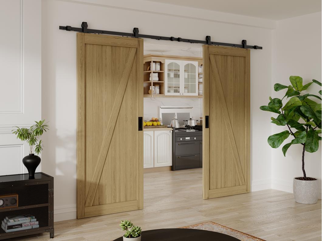 Porte coulissante double avec système en applique en bois et MDF - Naturel clair - 2 x H205 x L73 cm - BALERMA