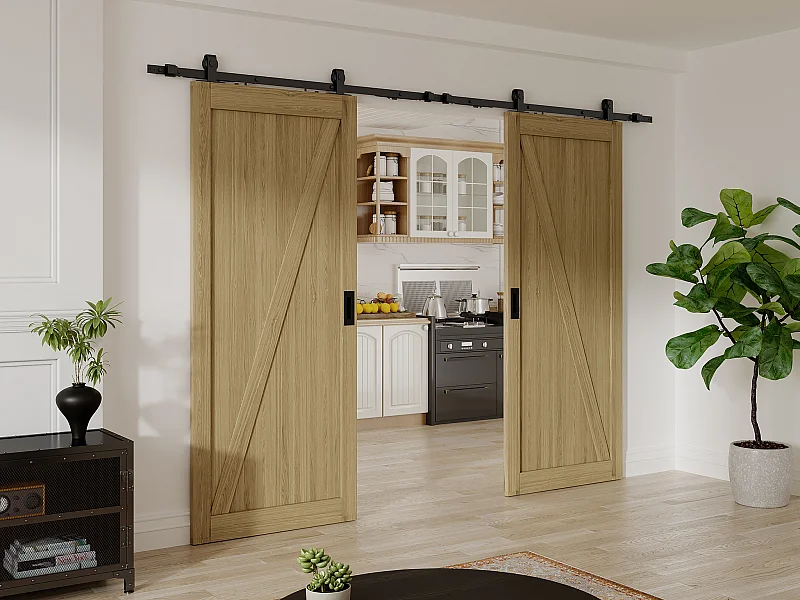 Porte coulissante double avec système en applique en bois et MDF - Naturel clair - 2 x H205 x L83 cm - BALERMA