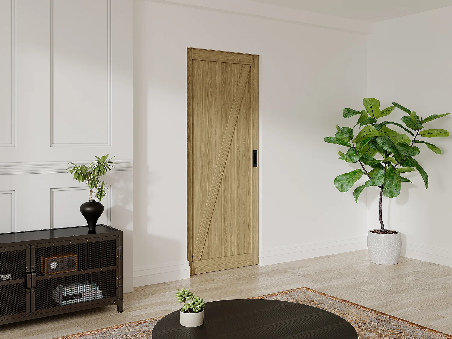 Puerta corredera con sistema de empotramiento en madera y MDF - Natural claro - H205 x L63 cm - BALERMA