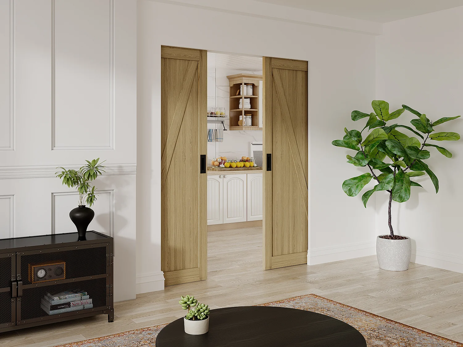 Drzwi przesuwne podwójne chowane w ścianie z drewna i MDF - Naturalny jasny - 2 x wys. 205 x szer. 73 cm - BALERMA