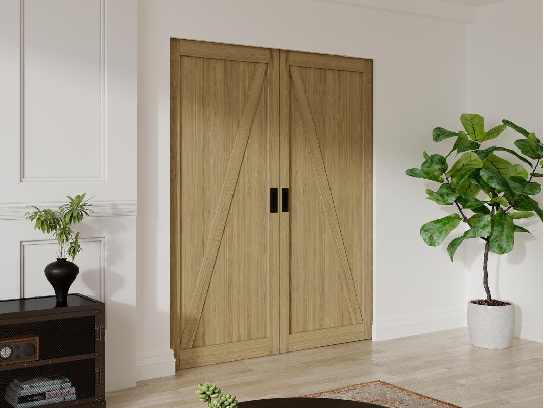 Porte coulissante double avec système à galandage en bois et MDF - Naturel clair - 2 x H205 x L73 cm - BALERMA