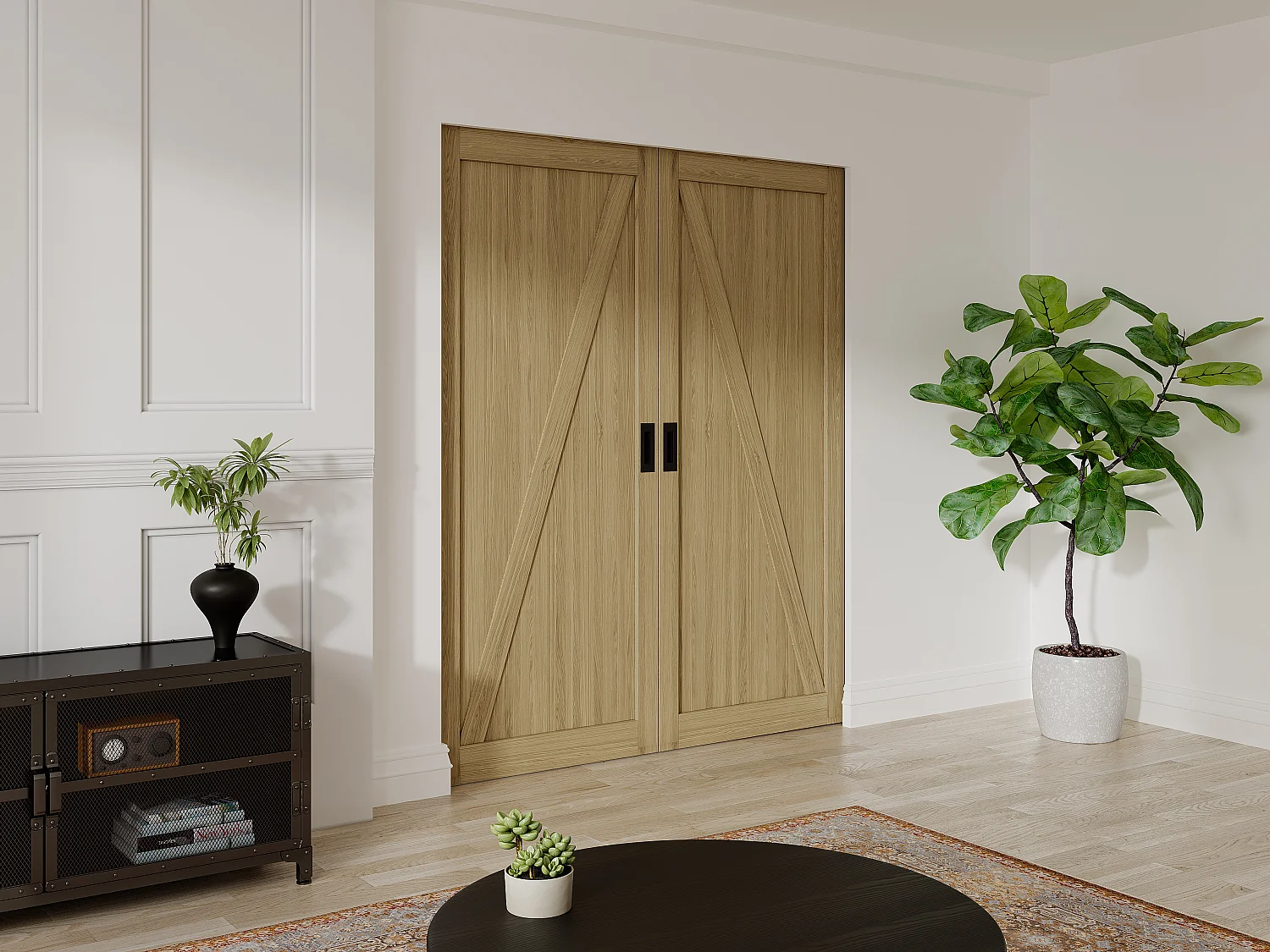 Porte coulissante double avec système à galandage en bois et MDF - Naturel clair - 2 x H205 x L83 cm - BALERMA