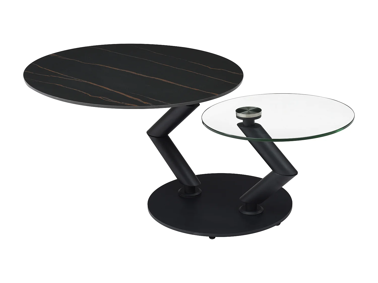 Mesa de centro com tampos giratórios em cerâmica, vidro temperado e metal, efeito mármore preto - ELDOVA