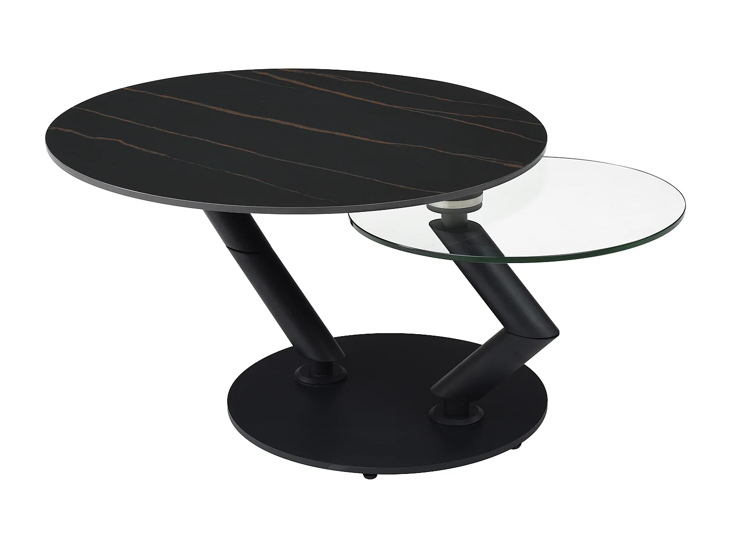 Mesa de centro com tampos giratórios em cerâmica, vidro temperado e metal, efeito mármore preto - ELDOVA