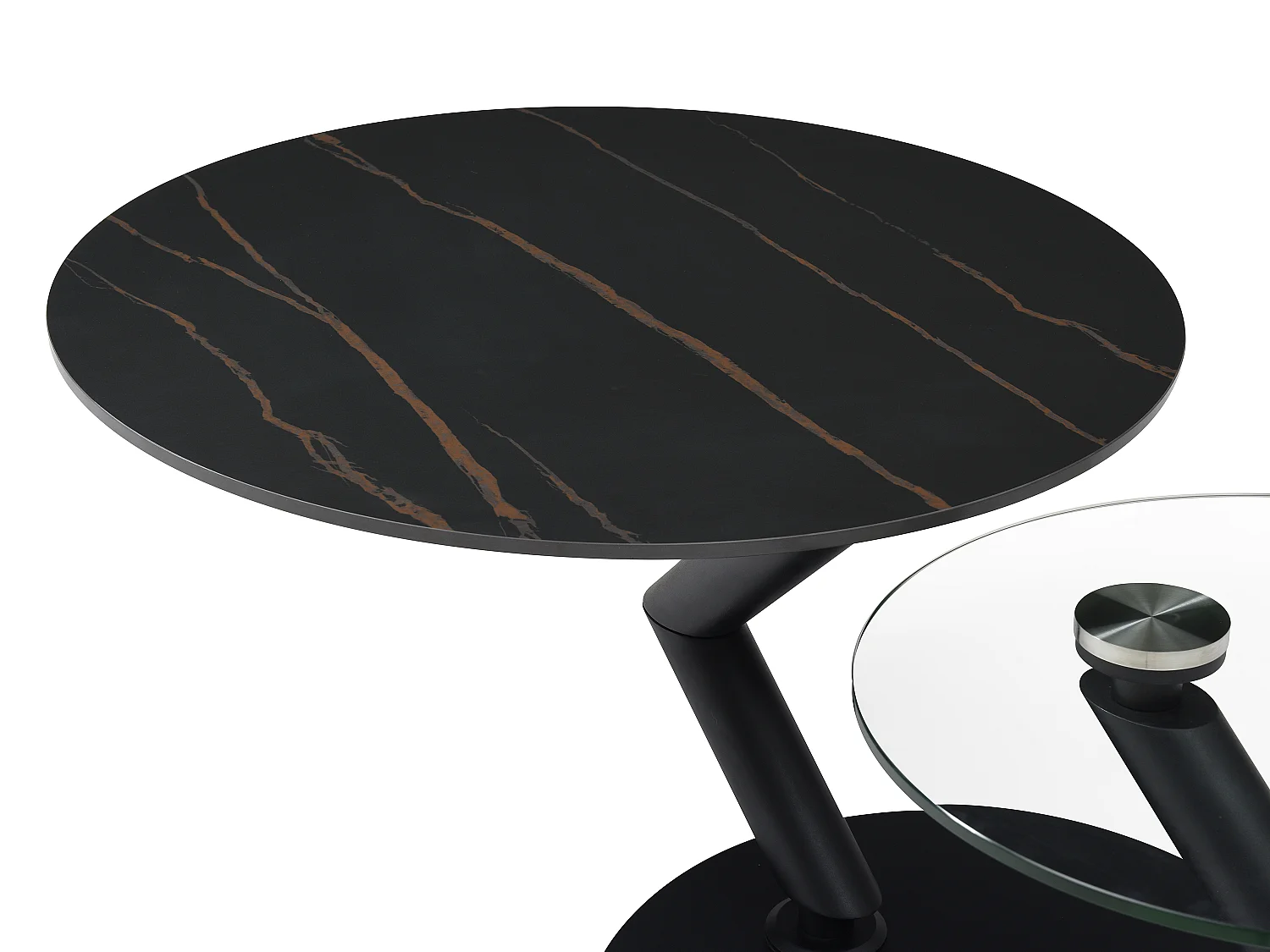 Mesa de centro com tampos giratórios em cerâmica, vidro temperado e metal, efeito mármore preto - ELDOVA