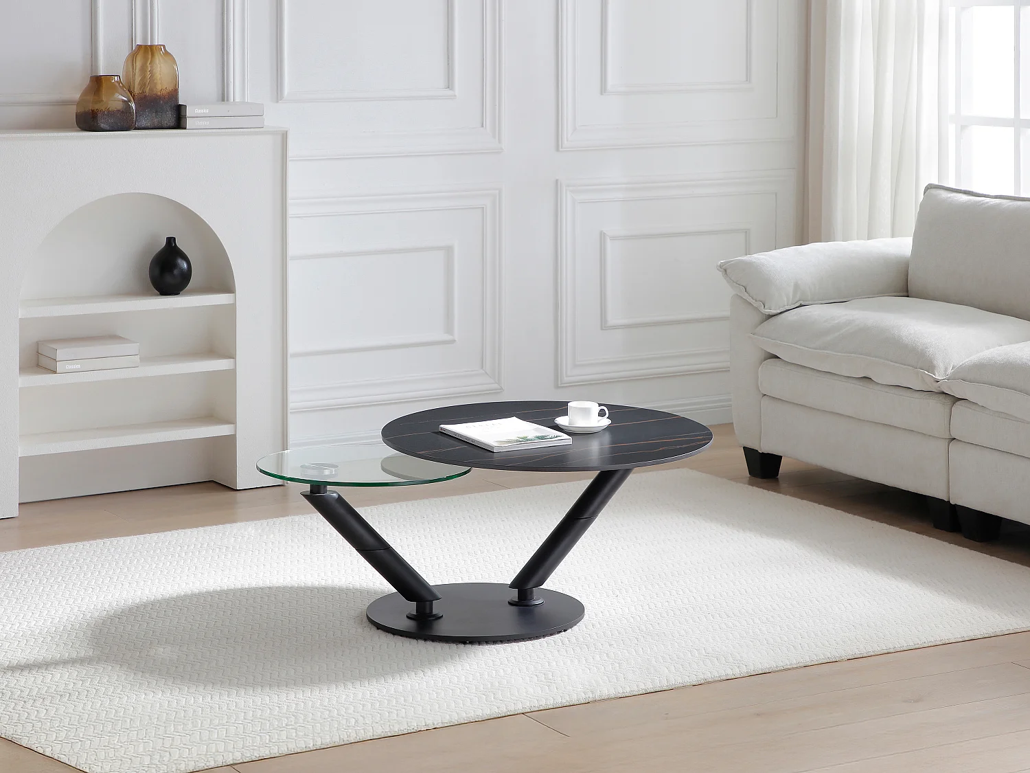 Mesa de centro com tampos giratórios em cerâmica, vidro temperado e metal, efeito mármore preto - ELDOVA