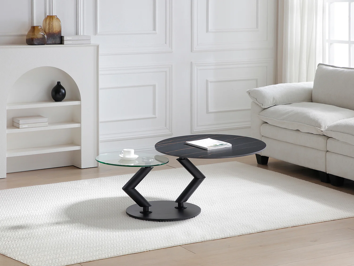 Tavolino con piani girevoli in Ceramica, Vetro temperato e Metallo Effetto marmo Nero - ELDOVA