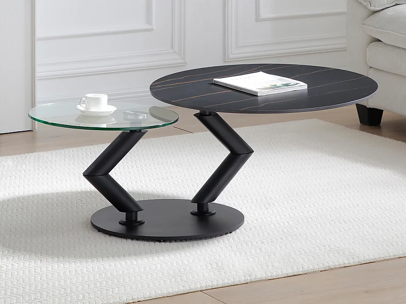 Couchtisch mit drehbaren Tischplatten - Keramik, Sicherheitsglas & Metall - Marmor-Optik Schwarz - ELDOVA