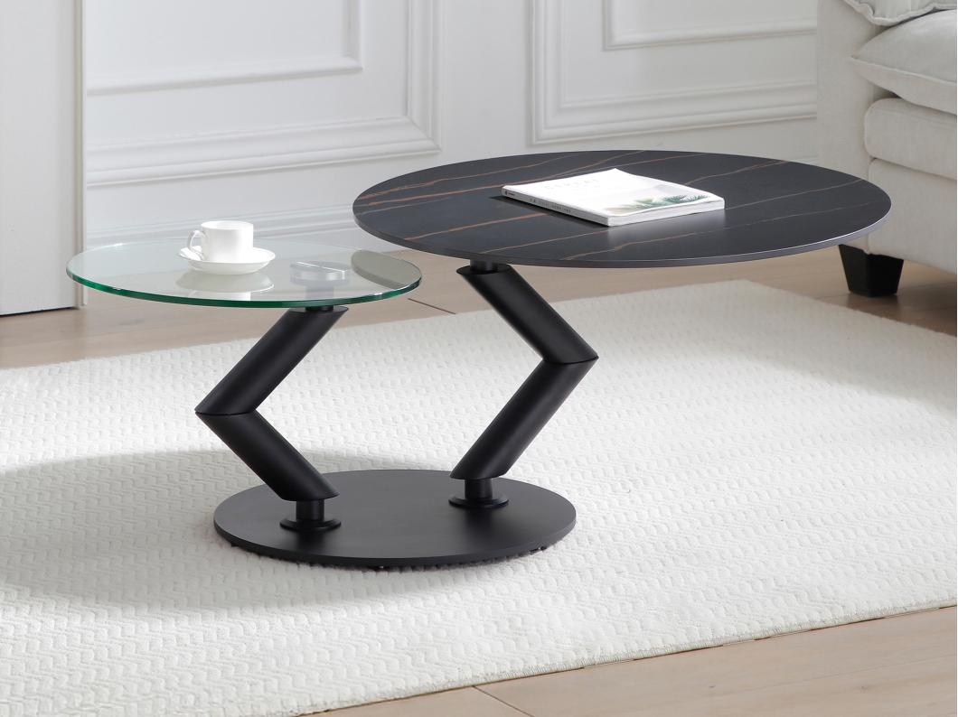 Table basse avec plateaux pivotants en céramique, verre trempé et métal - Effet marbre noir - ELDOVA