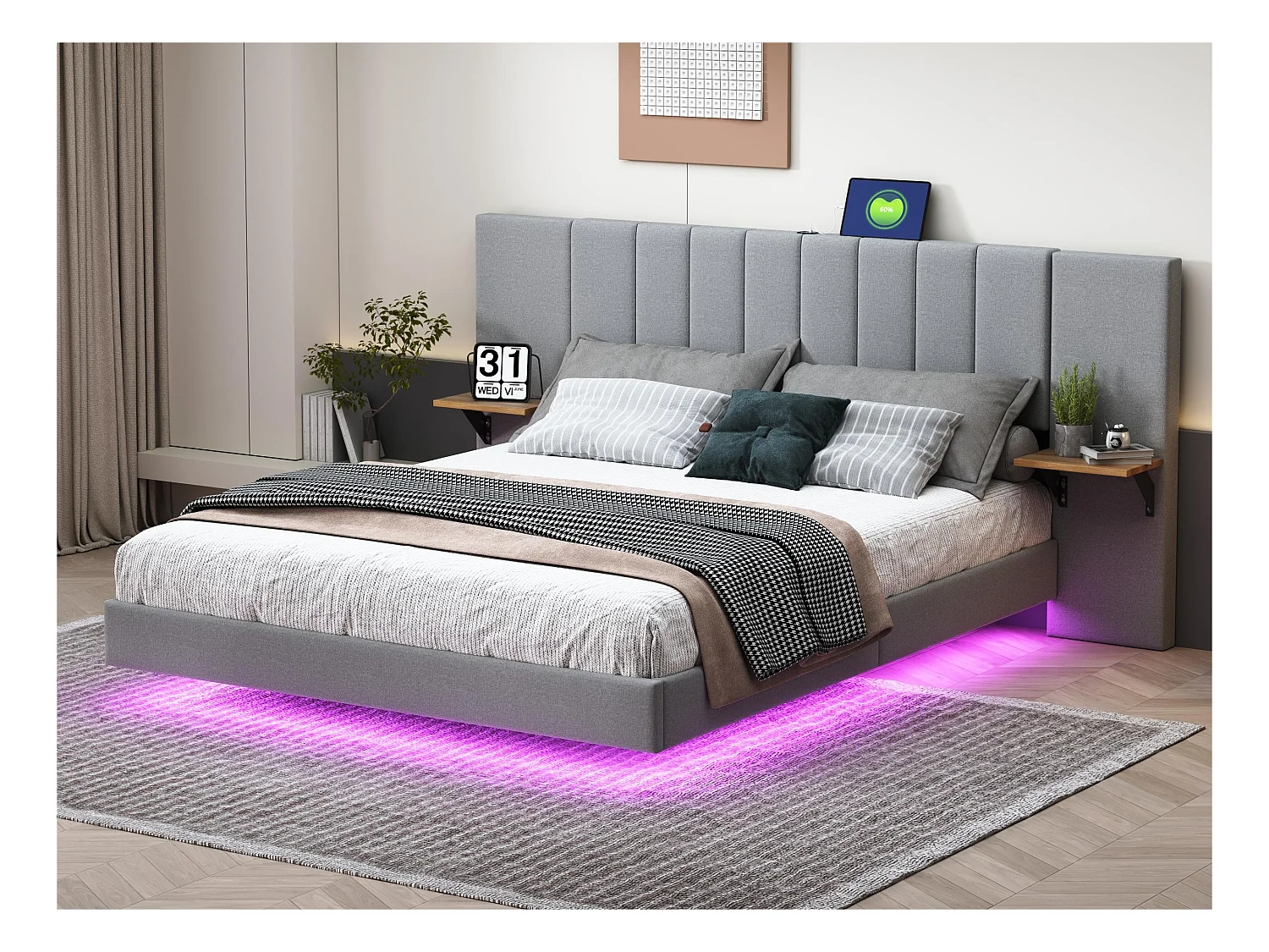 Volwassen bed 140x200 cm in linnenstof - met LED + USB-poort + zijplanken - Grijs