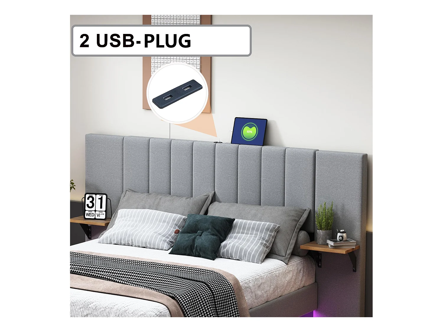 Volwassen bed 140x200 cm in linnenstof - met LED + USB-poort + zijplanken - Grijs