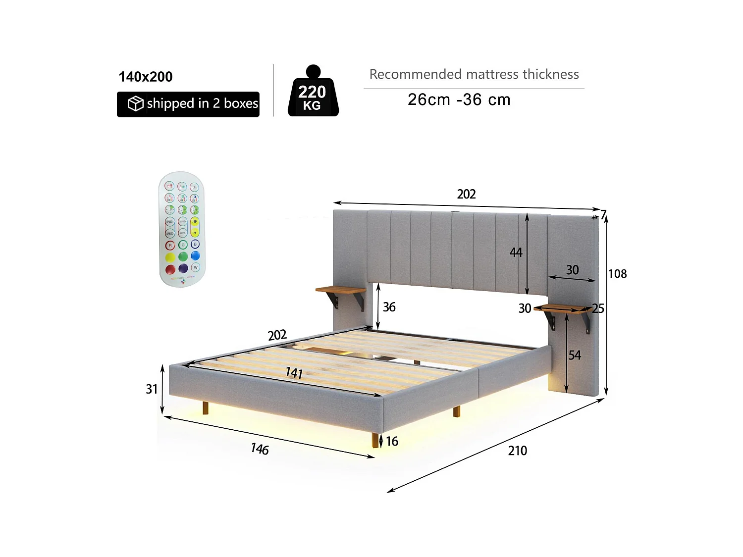 Volwassen bed 140x200 cm in linnenstof - met LED + USB-poort + zijplanken - Grijs