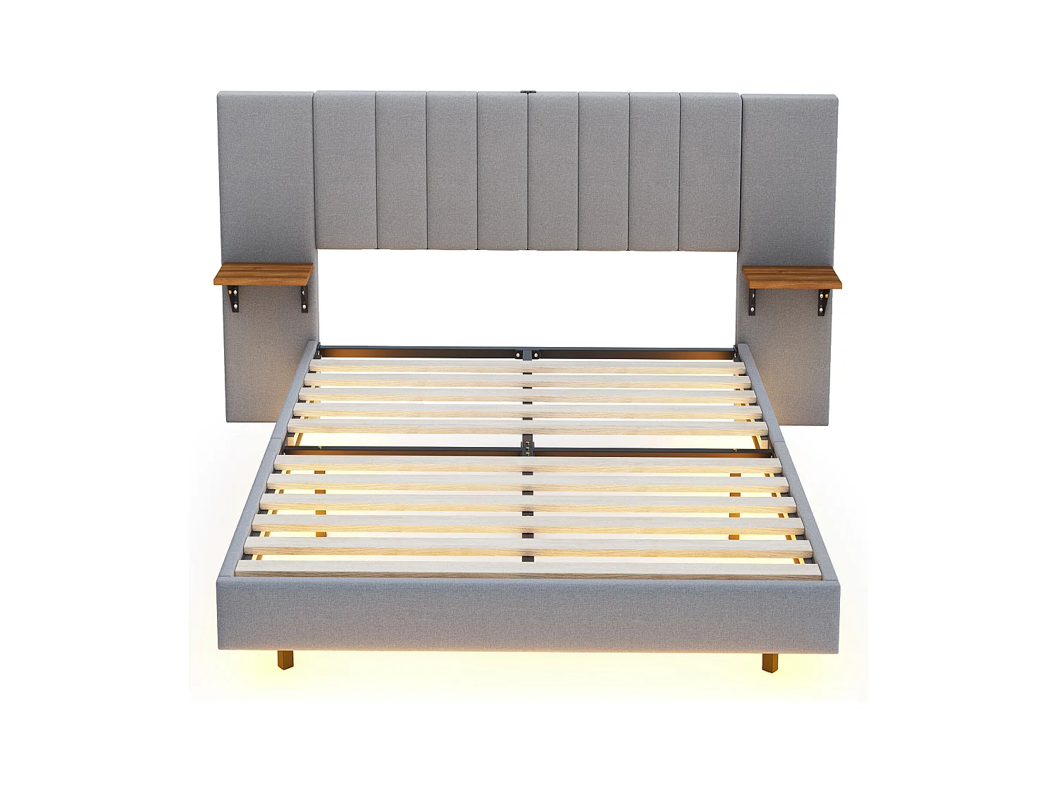 Volwassen bed 140x200 cm in linnenstof - met LED + USB-poort + zijplanken - Grijs
