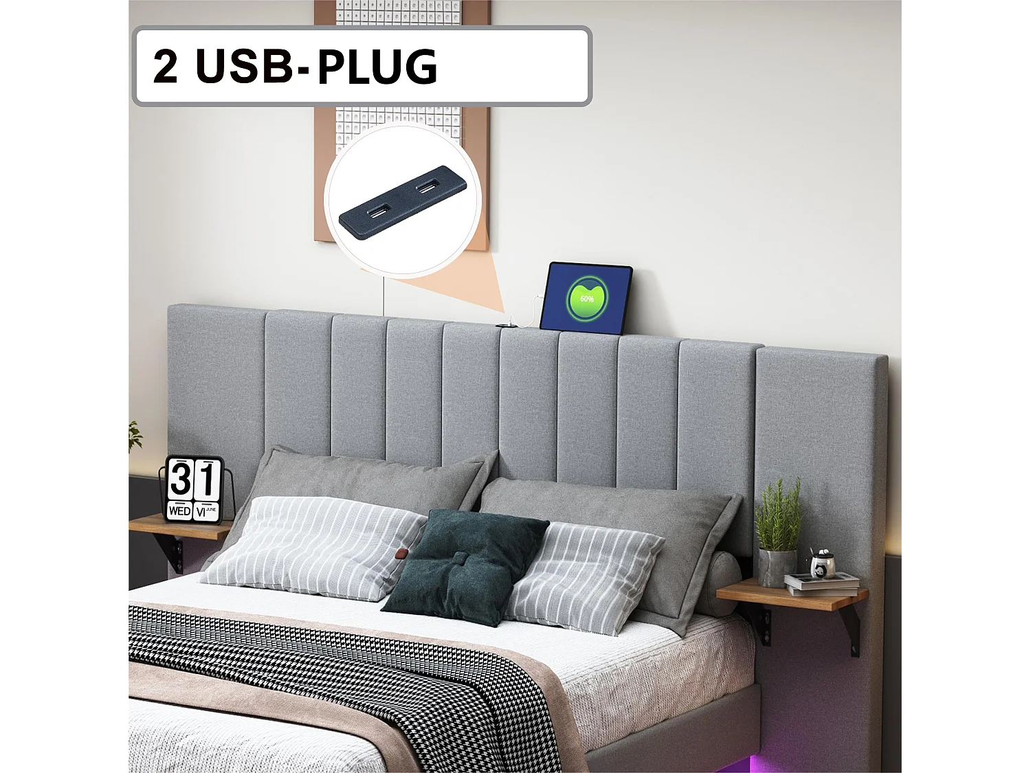 Cama de adulto 140x200 cm em tecido de linho - com LED + porta USB + prateleiras laterais - Cinza