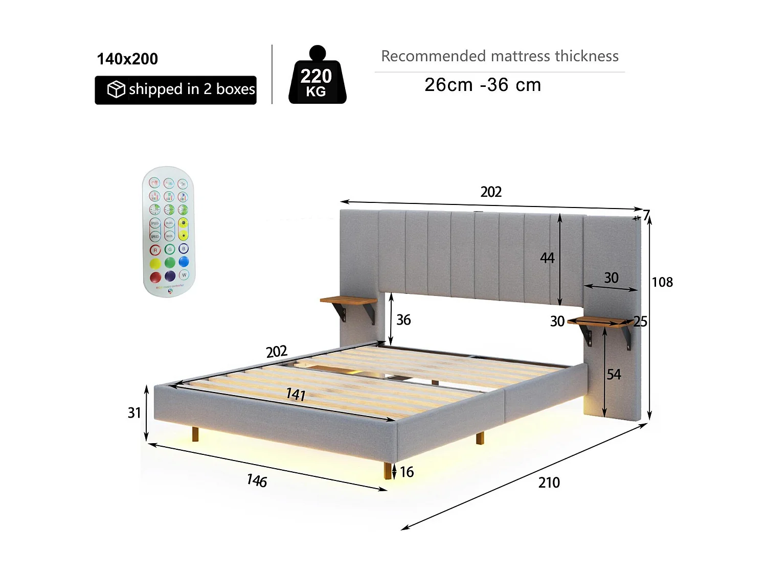 Cama de adulto 140x200 cm em tecido de linho - com LED + porta USB + prateleiras laterais - Cinza