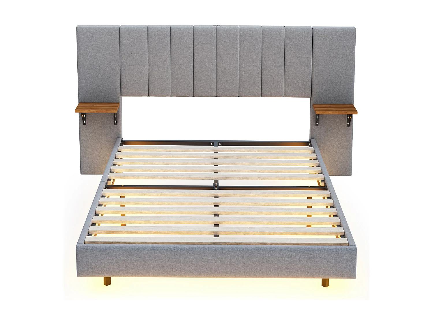 Cama de adulto 140x200 cm em tecido de linho - com LED + porta USB + prateleiras laterais - Cinza