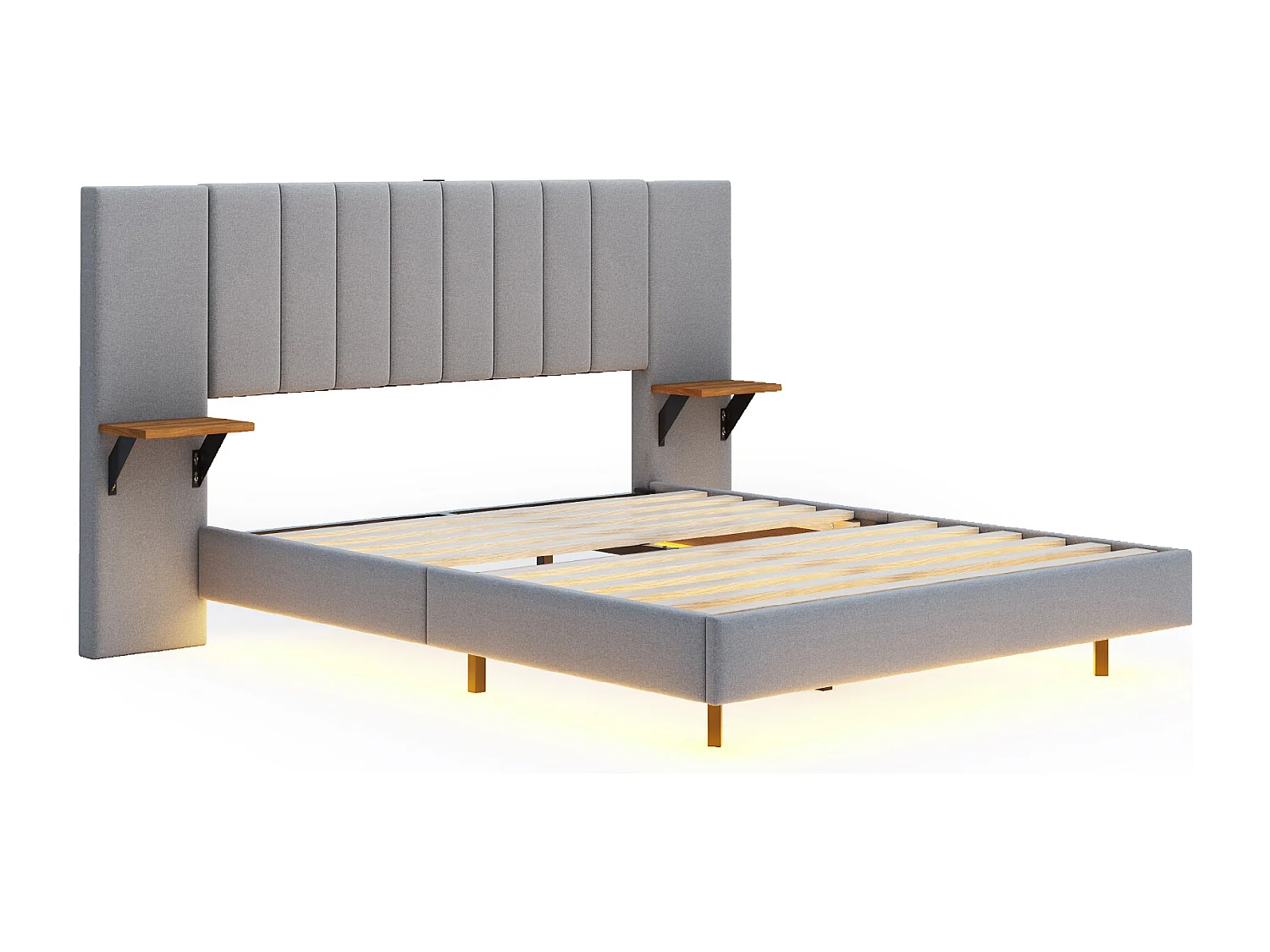 Cama de adulto 140x200 cm em tecido de linho - com LED + porta USB + prateleiras laterais - Cinza