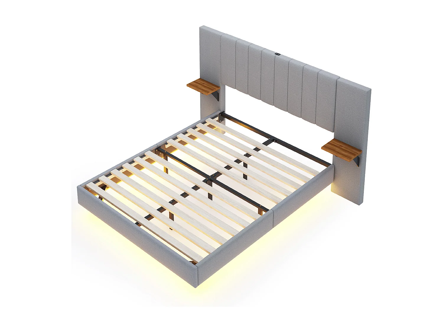 Cama de adulto 140x200 cm em tecido de linho - com LED + porta USB + prateleiras laterais - Cinza