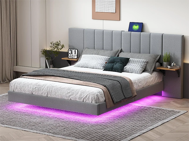 Cama de adulto 140x200 cm em tecido de linho - com LED + porta USB + prateleiras laterais - Cinza