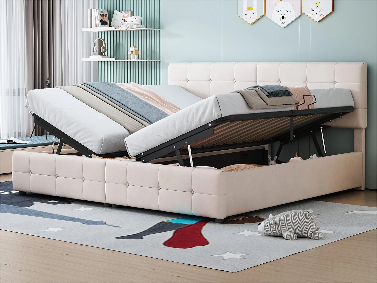 Lit coffre capitonné 180x200cm en velours - transformable en 2 lits simples - Beige