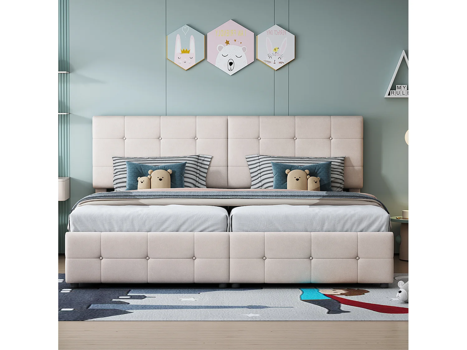 Lit coffre capitonné 180x200cm en velours - transformable en 2 lits simples - Beige