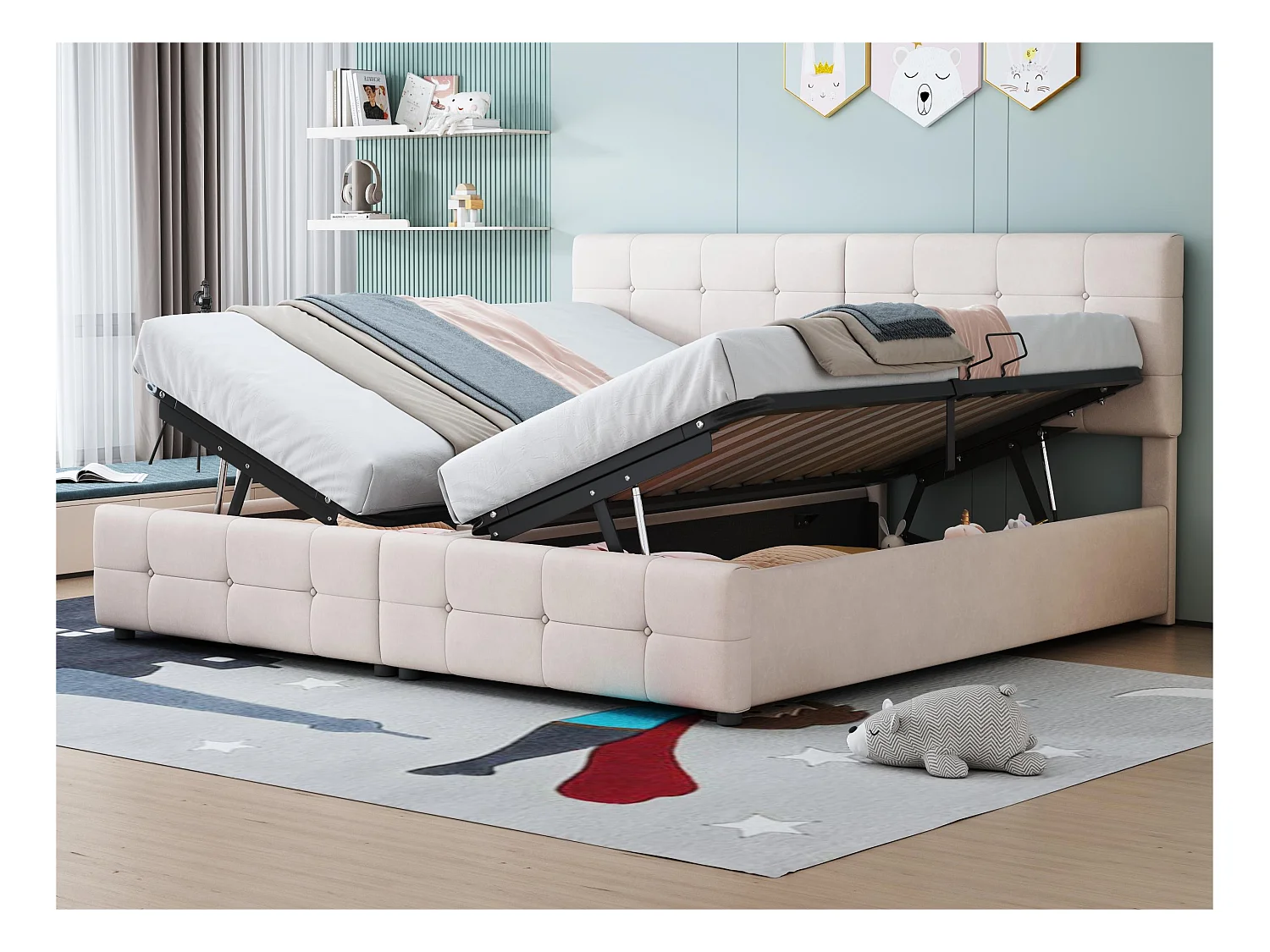 Lit coffre capitonné 180x200cm en velours - transformable en 2 lits simples - Beige