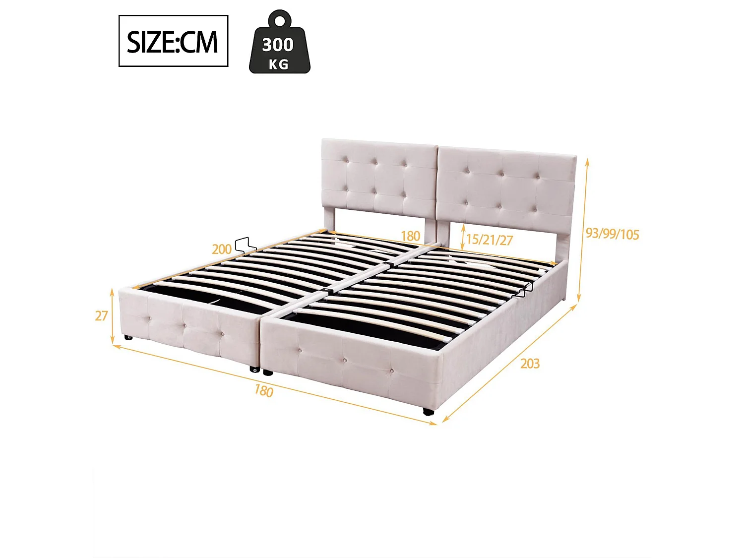 Gepolstertes Stauraumbett 180 x 200 cm aus Samt – umwandelbar in 2 Einzelbetten – Beige