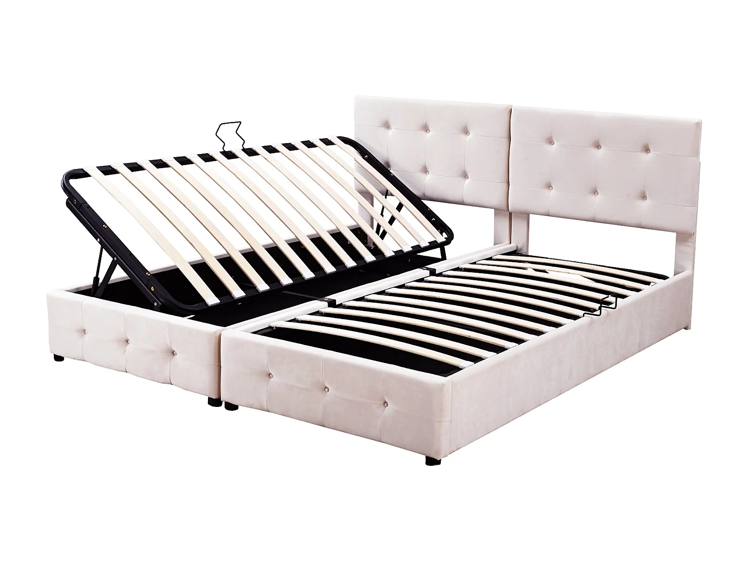 Gepolstertes Stauraumbett 180 x 200 cm aus Samt – umwandelbar in 2 Einzelbetten – Beige