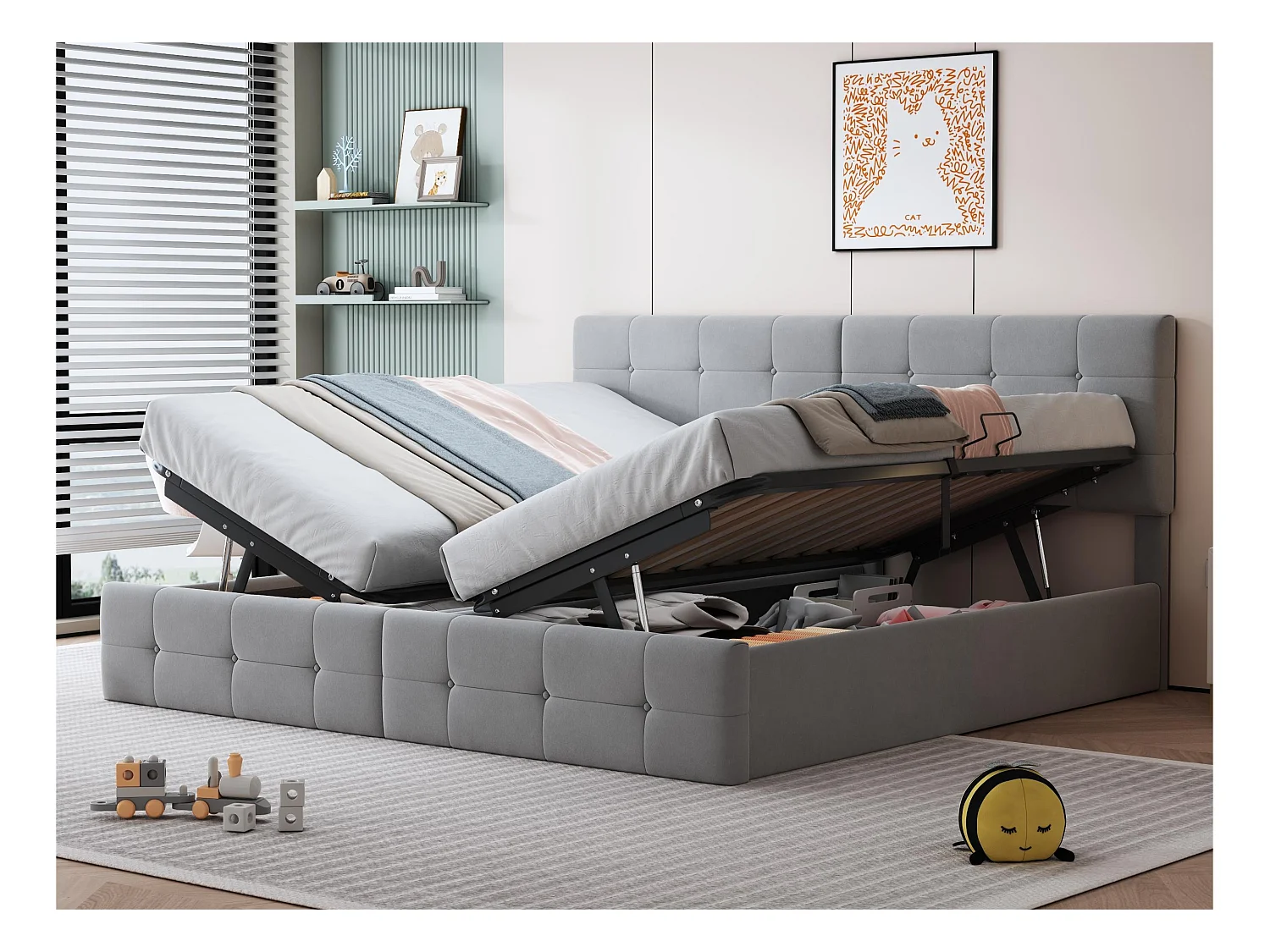 Lit coffre capitonné 180x200cm en velours - transformable en 2 lits simples - Gris