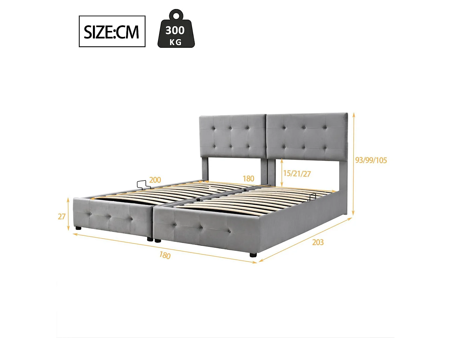 Lit coffre capitonné 180x200cm en velours - transformable en 2 lits simples - Gris