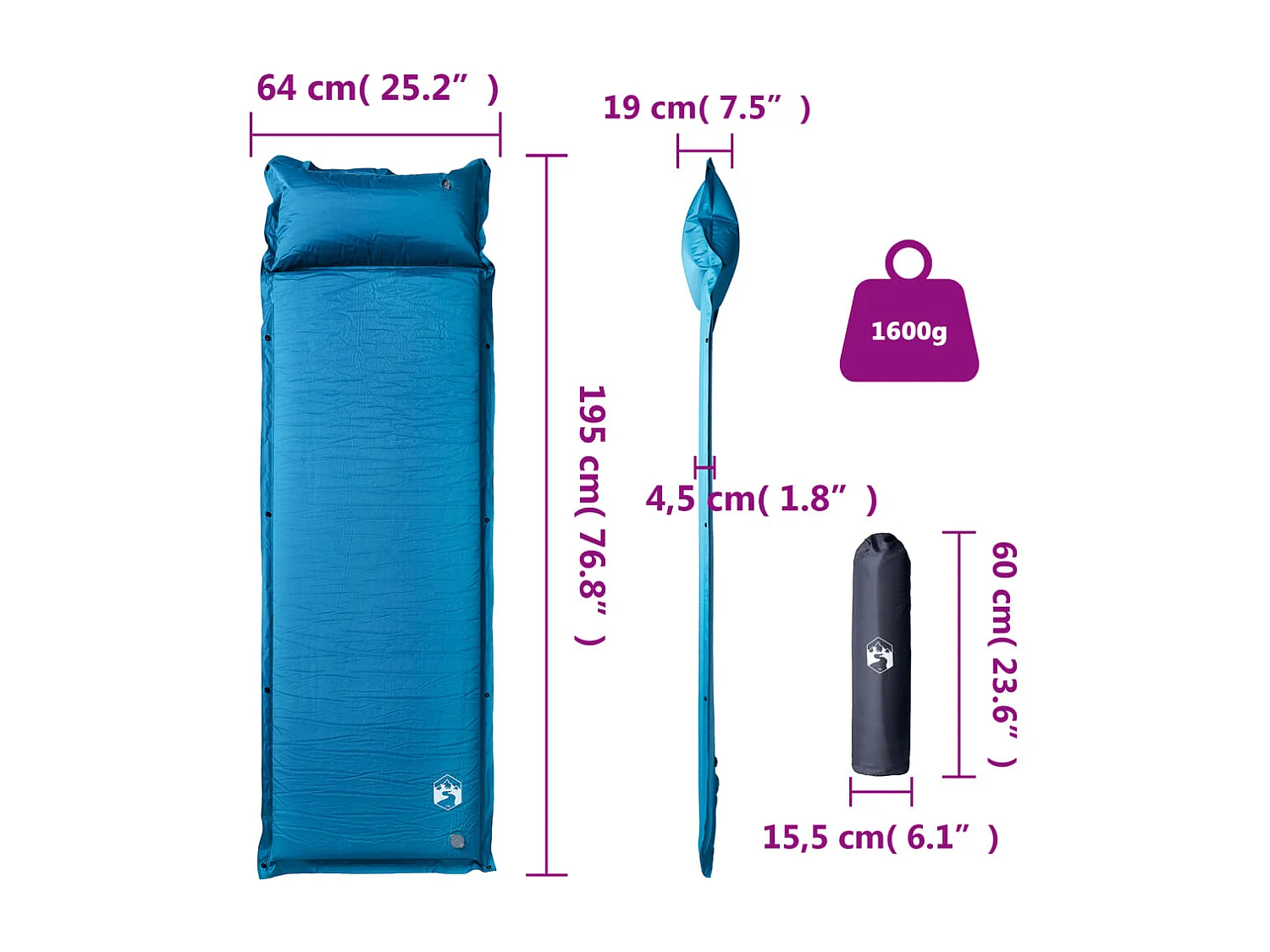 Matelas de camping autogonflant oreiller 1 personne turquoise FR149700