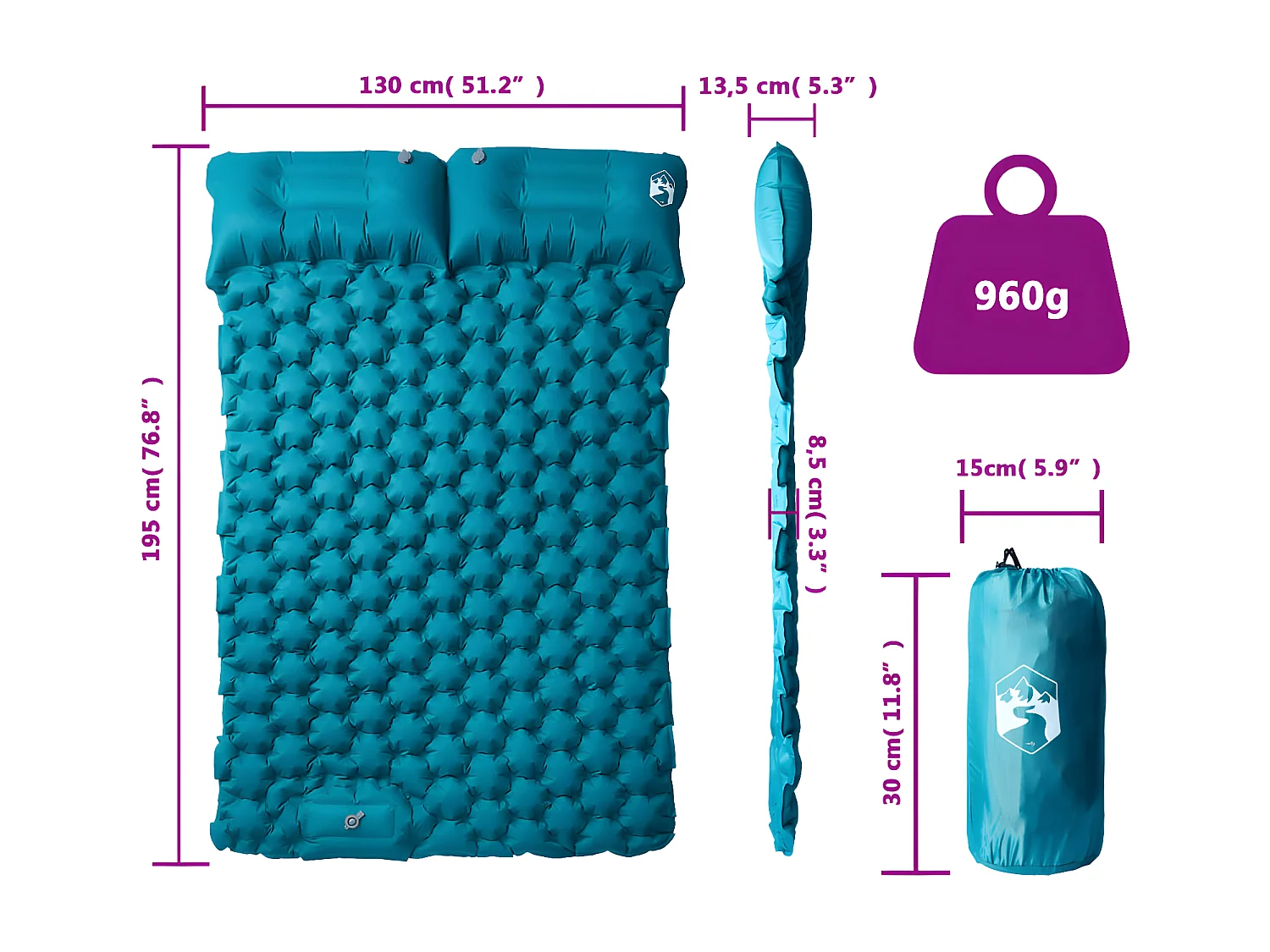 Matelas de camping autogonflant avec oreillers 2 personnes bleu FR810482