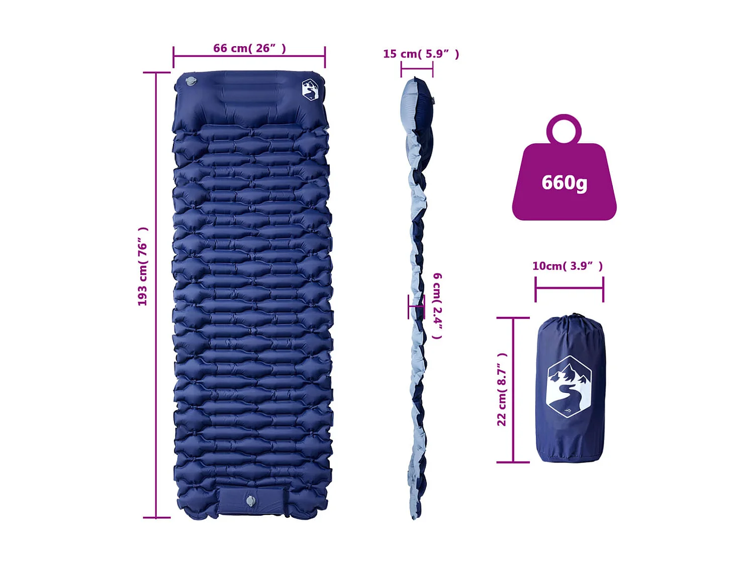 Matelas de camping autogonflant oreiller 1 personne bleu marine FR120931