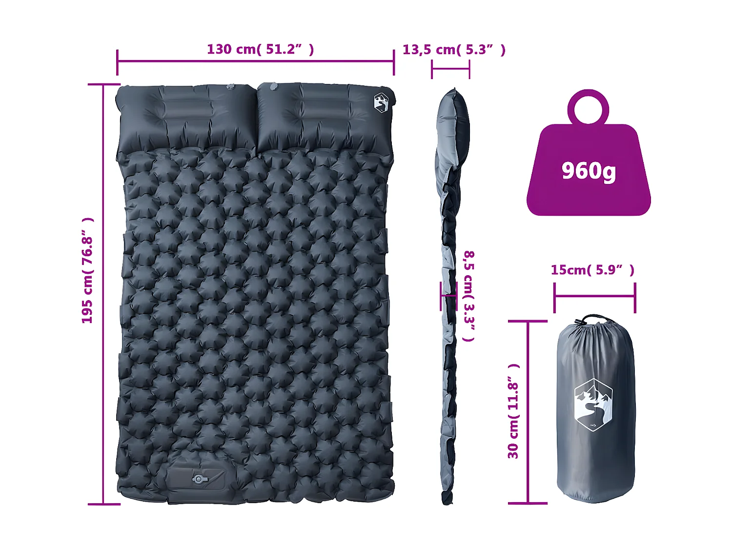 Matelas de camping autogonflant avec oreillers 2 personnes gris FR931932