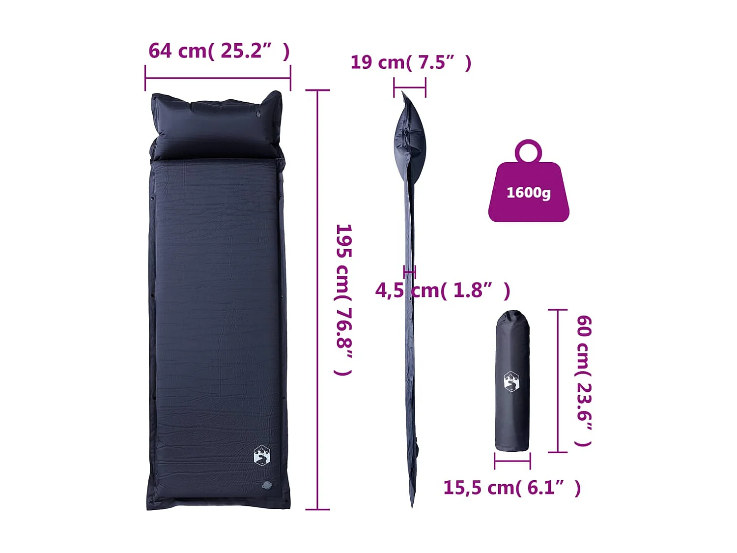 Matelas de camping autogonflant avec oreiller 1 personne gris FR863603