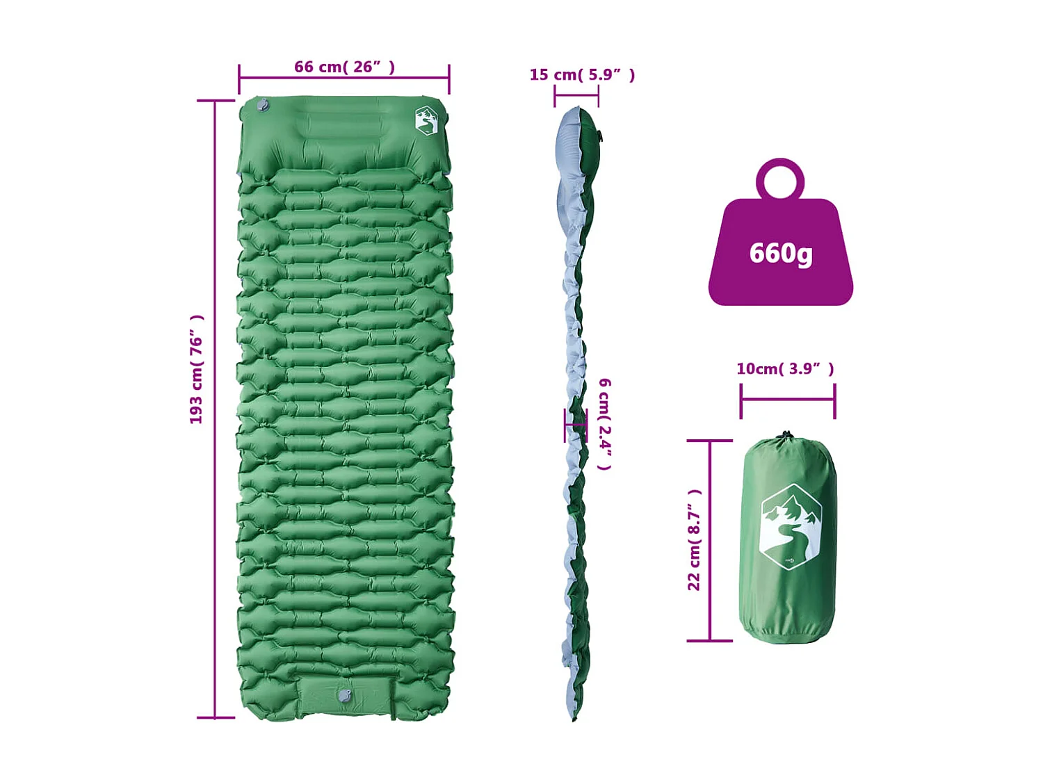 Colchón de camping autoinflable con almohada 1 persona verde ES256168