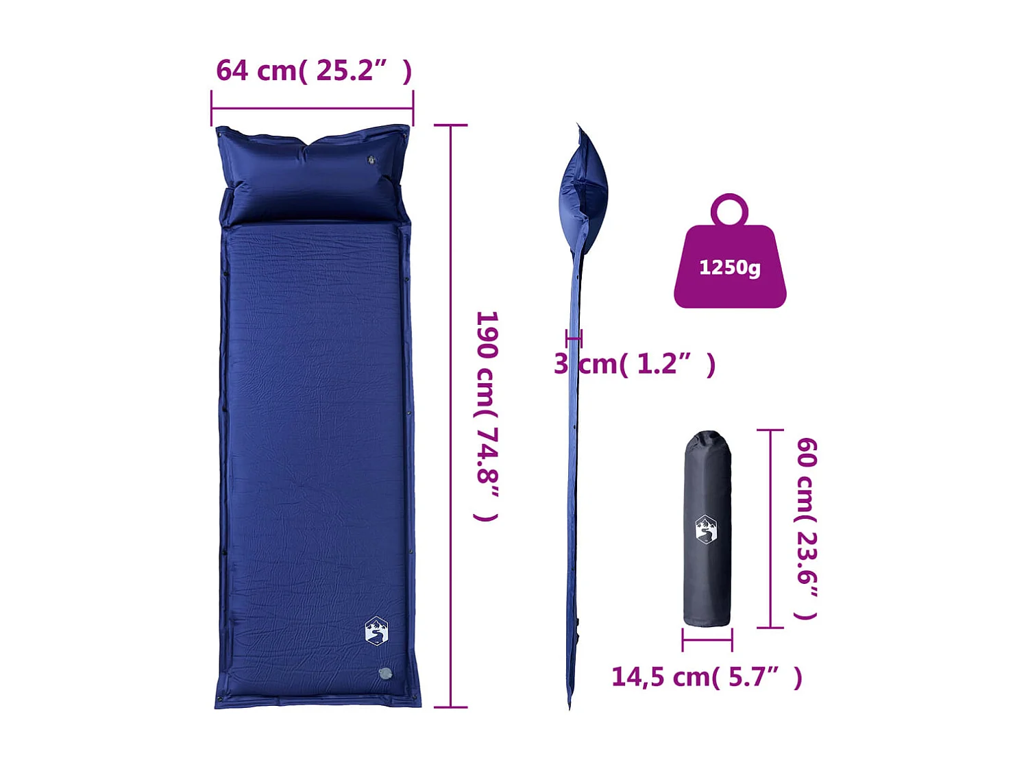 Matelas de camping autogonflant oreiller 1 personne bleu marine FR772314