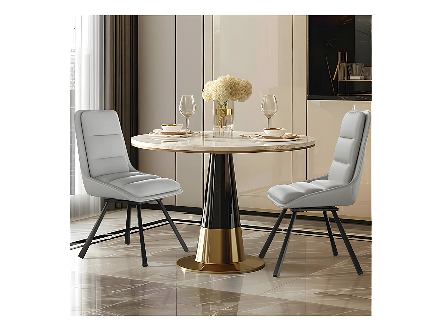 2er-Set Esszimmerstühle FATIVO - Drehbarer Bürostuhl aus Leder - Skandinavischer gepolsterter Loungestuhl - Grau