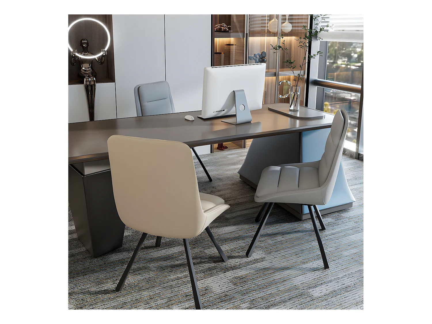 2er-Set Esszimmerstühle FATIVO - Drehbarer Bürostuhl aus Leder - Skandinavischer gepolsterter Loungestuhl - Grau