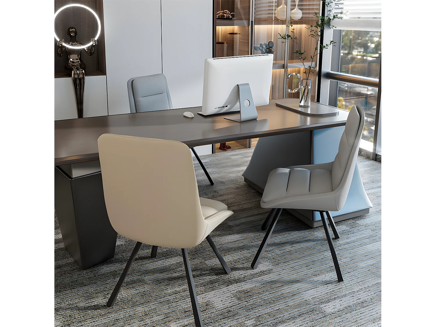 Lot de 2 Chaises de Salle à Manger FATIVO - Fauteuil de bureau Pivotante en cuir - Chaise salon scandinave rembourrée - Gris