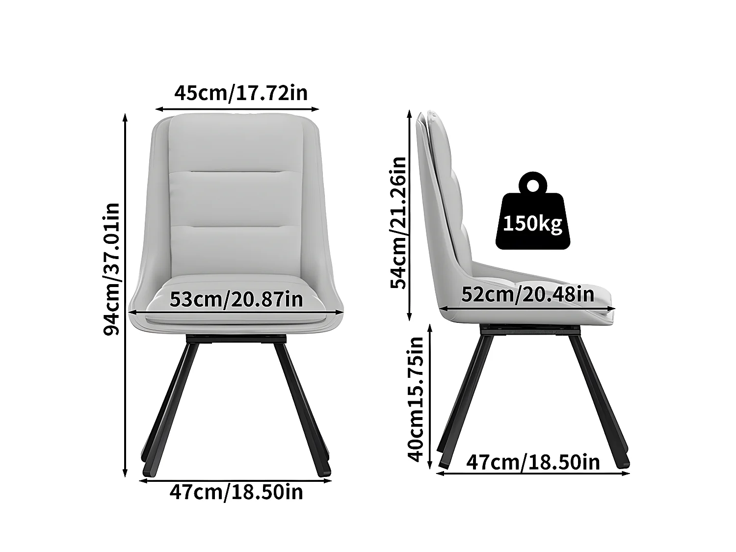 Lot de 2 Chaises de Salle à Manger FATIVO - Fauteuil de bureau Pivotante en cuir - Chaise salon scandinave rembourrée - Gris