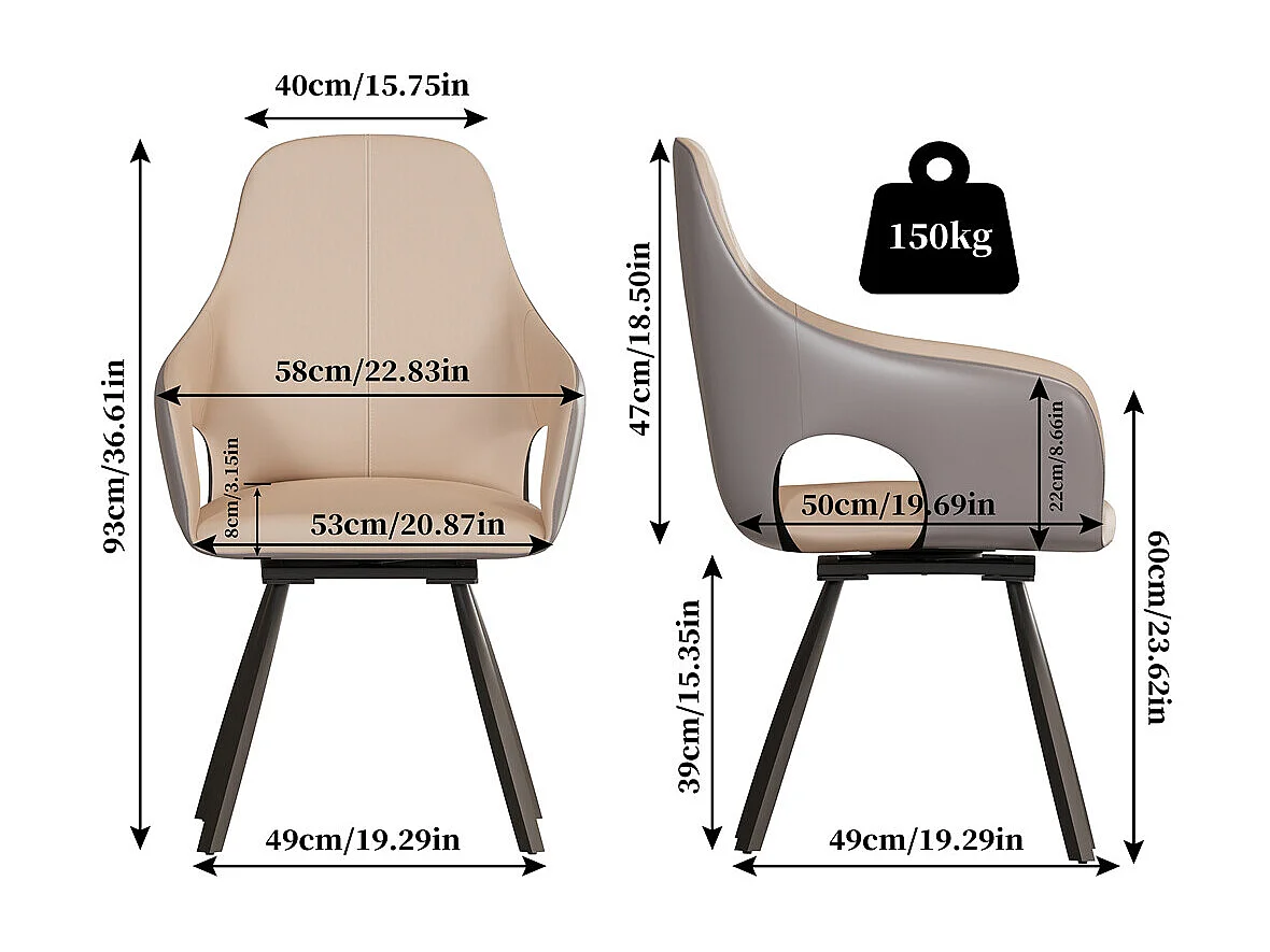 Lot de 2 chaises FATIVO - Fauteuil de bureau Pivotante en cuir kaki - Chaise salon scandinave rembourrée