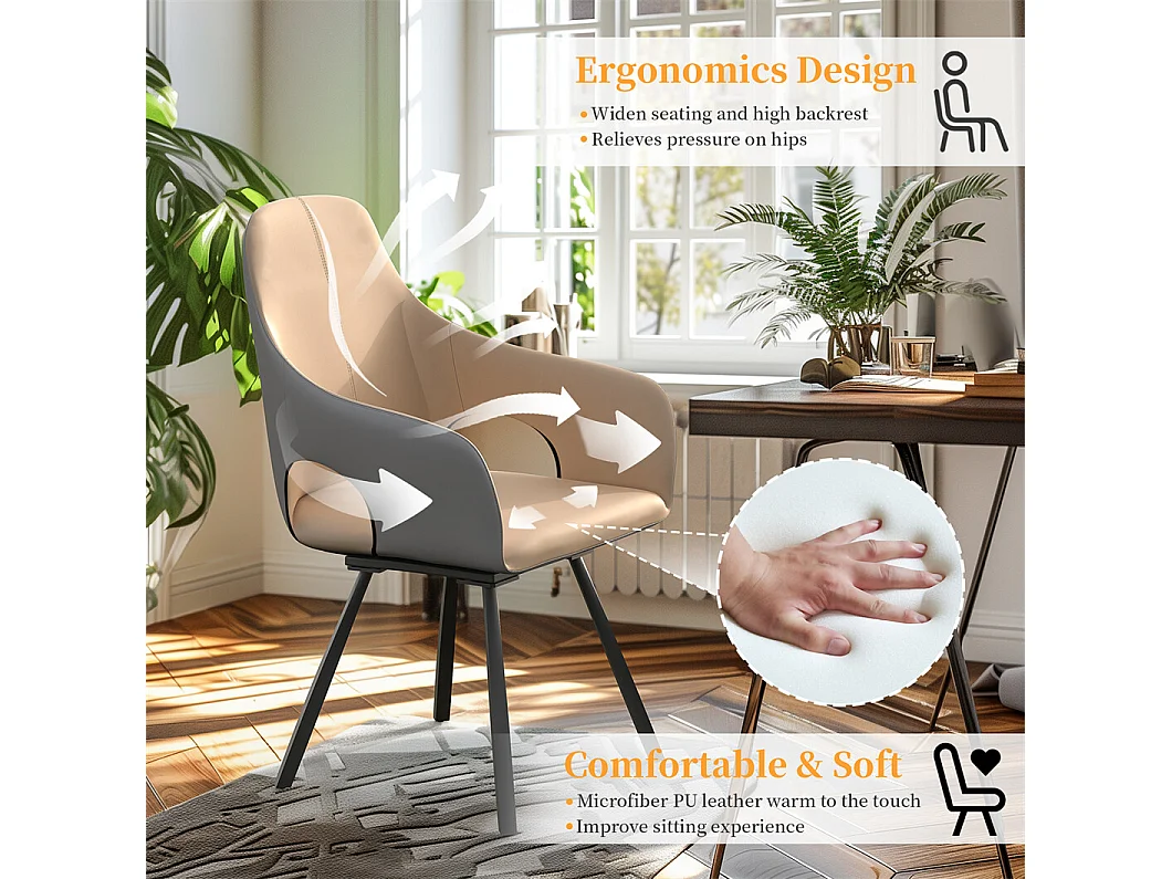 Lot de 2 chaises FATIVO - Fauteuil de bureau Pivotante en cuir kaki - Chaise salon scandinave rembourrée