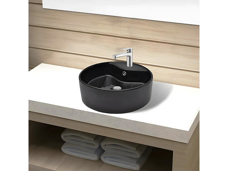 Vasque rond à trou robinet/trop-plein céramique pour salle de bain FR838473