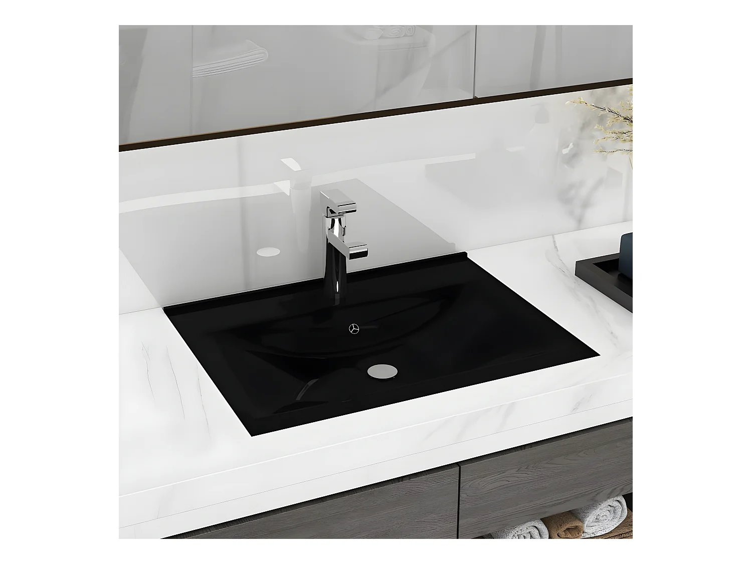 Vasque à poser en céramique noir perçage pour la robinetterie 60x46cm FR866779